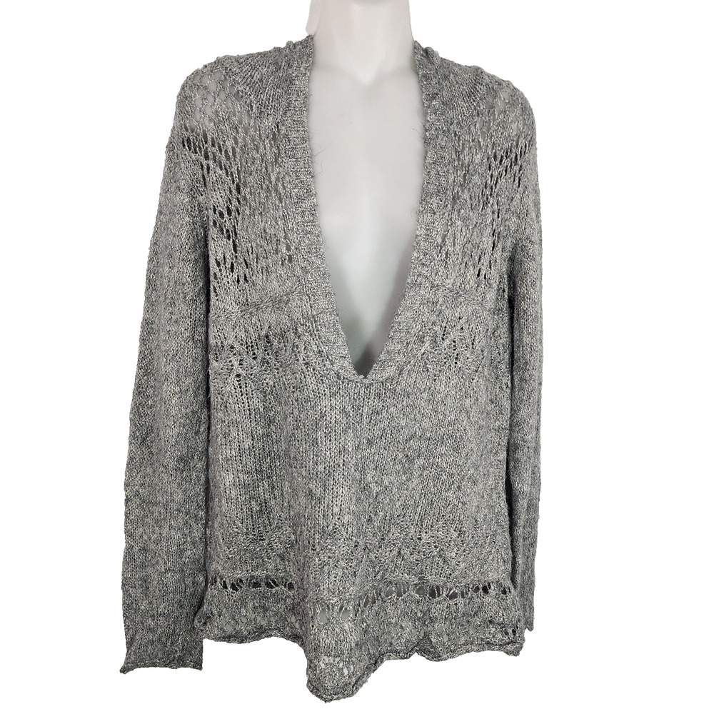Maurices Womens Pullover Hooded Sweater Metallic Blend V Neck Knit Gray Light L